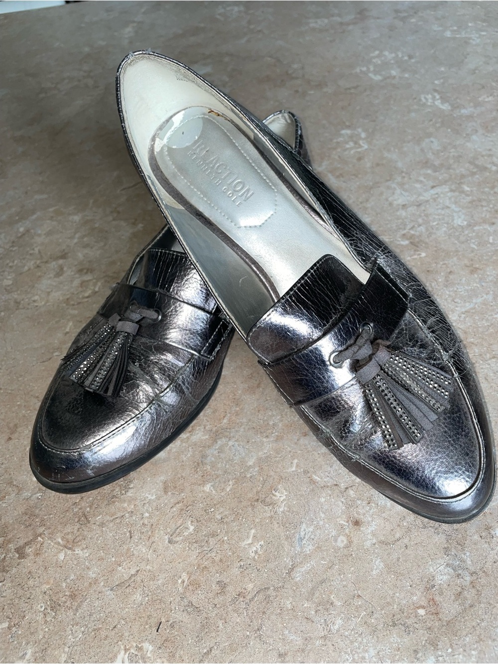 Kenneth Cole Metallic Silver Tassel Slip-On Loafers